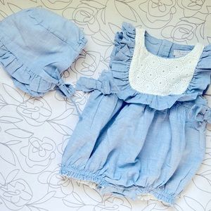 3-6 month Tahari girls summer romper with matching bonnet